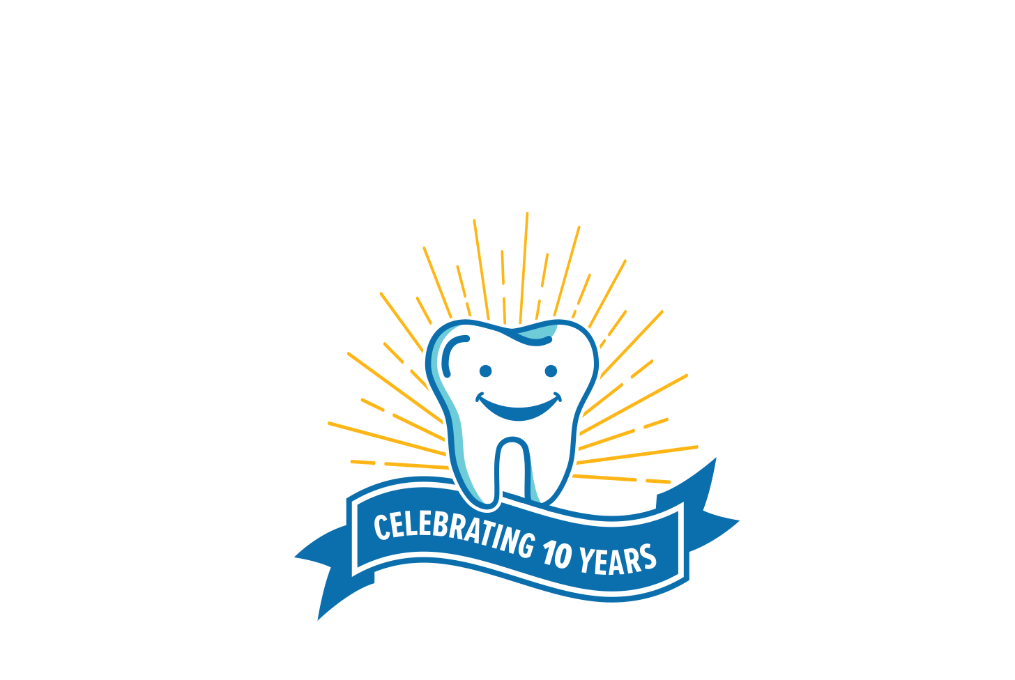 Graphic image of a shining, smiling tooth above a banner that reads "Celebrating 10 years"