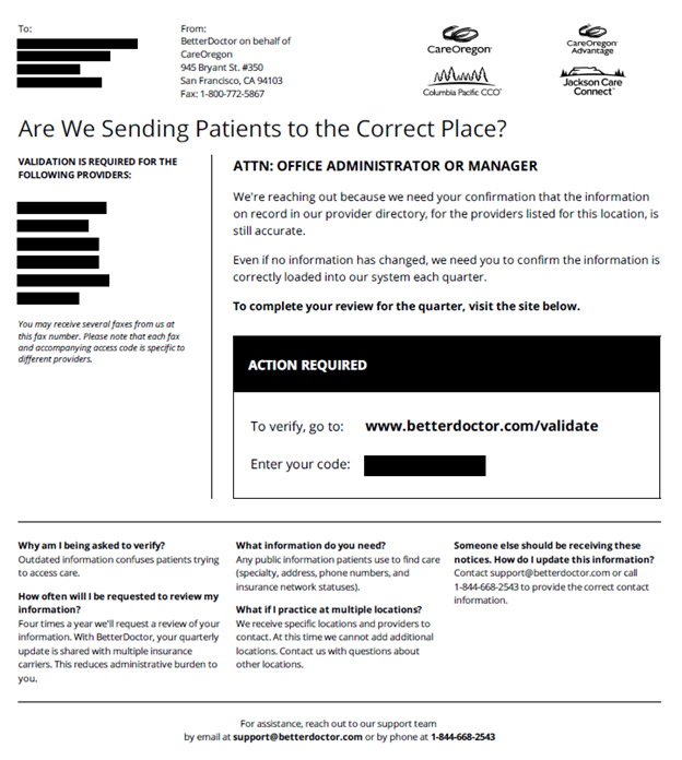 Example of a form letter asking dental providers to verify their information